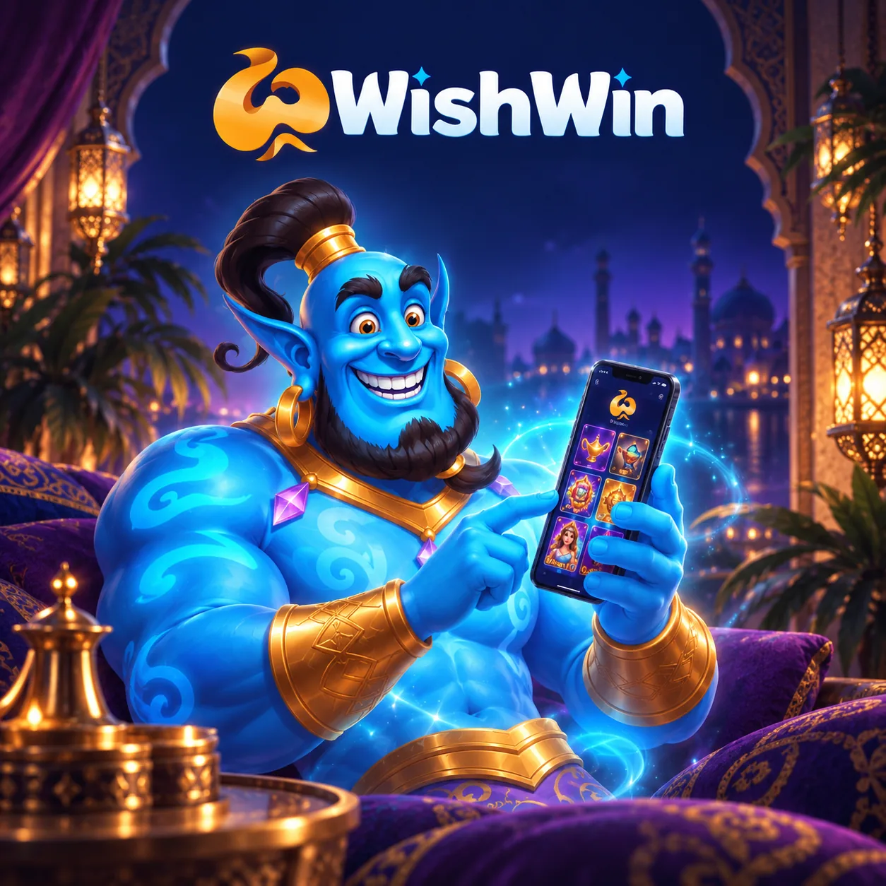 WishWin Dschinn mit Smartphone